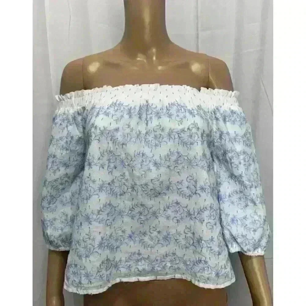 NWT Miami Crop Top Off Shoulder Loose Fit Peasant Blouse Embroidered White Blue